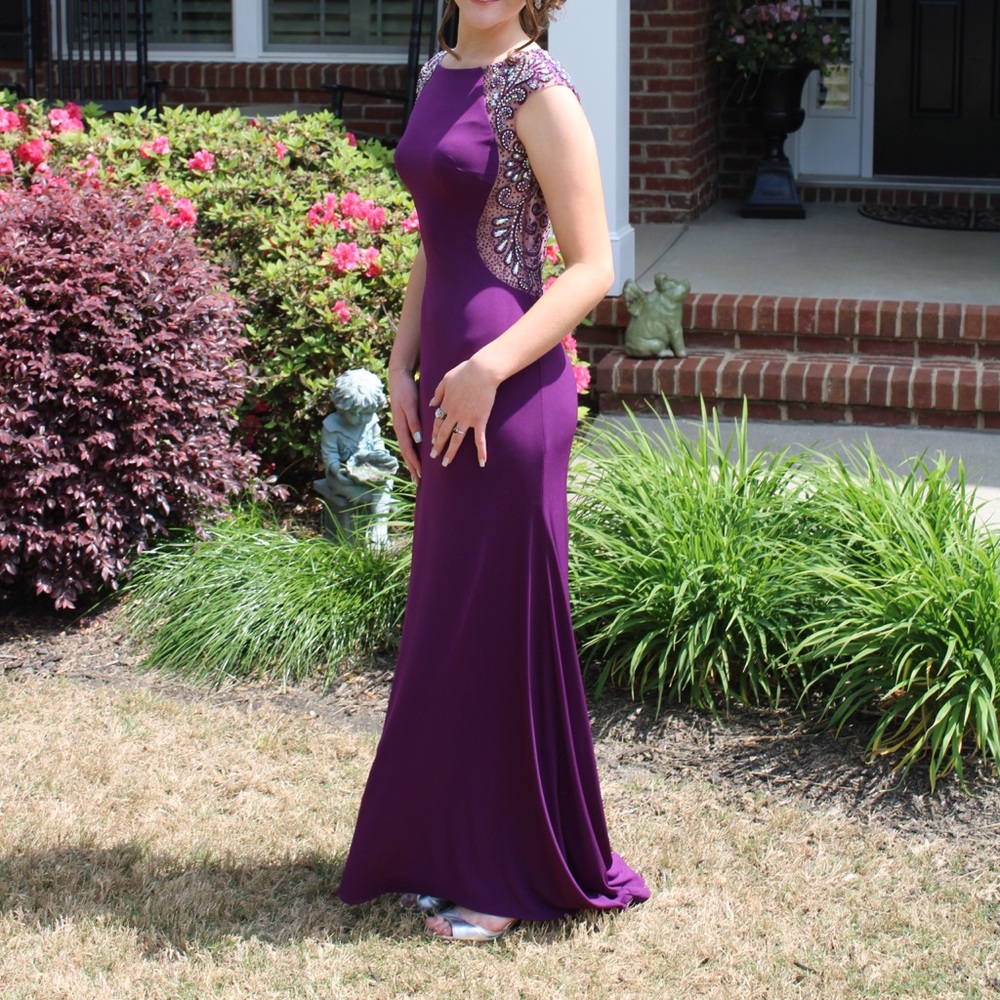 Plum Tony Bowls beaded evening gown